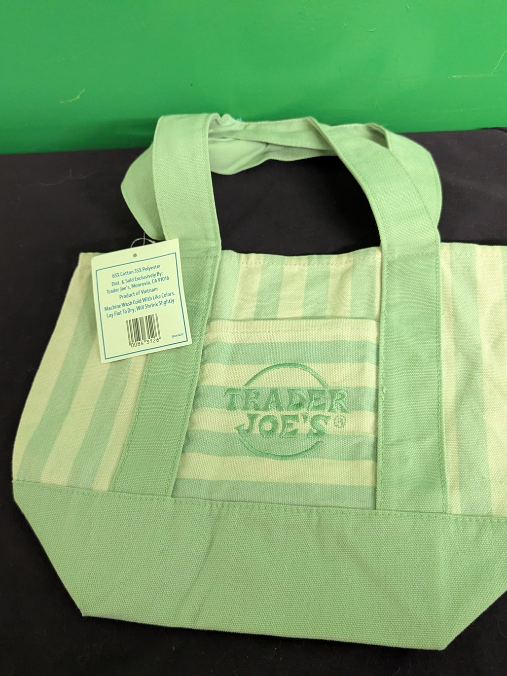 Trader Joes Mint Green Striped Mini Canvas Tote Bag
